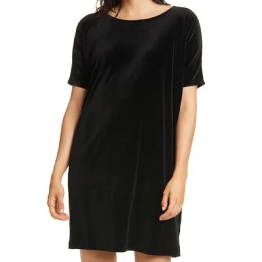 NWT EILEEN FISHER Black Stretch Velvet Relaxed Shift Dress Pockets‎ Crew Neck XL